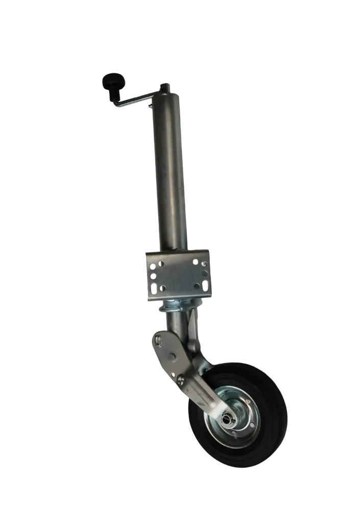 The ATK60 200x60 AC 250kg support wheel is a trailer jack fitted with a black handle, metal mounting plate and a single black rubber wheel at the base. The ATK60 200x60 AC 250kg support wheel is a trailer jack fitted with a black handle, metal mounting plate and a single black rubber wheel at the base.